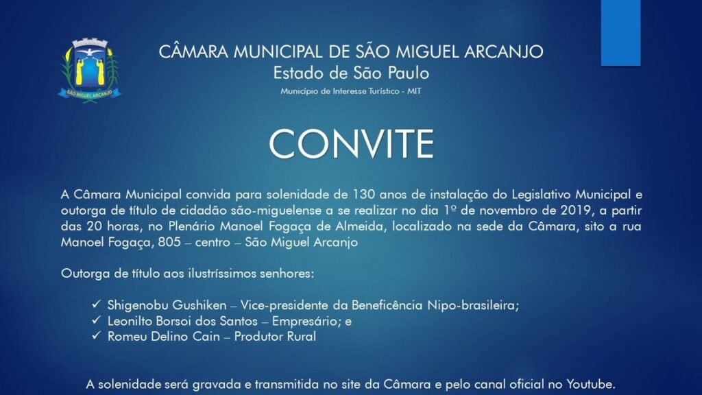 Convite - Sessão Solene de Aniversário do Legislativo Municipal