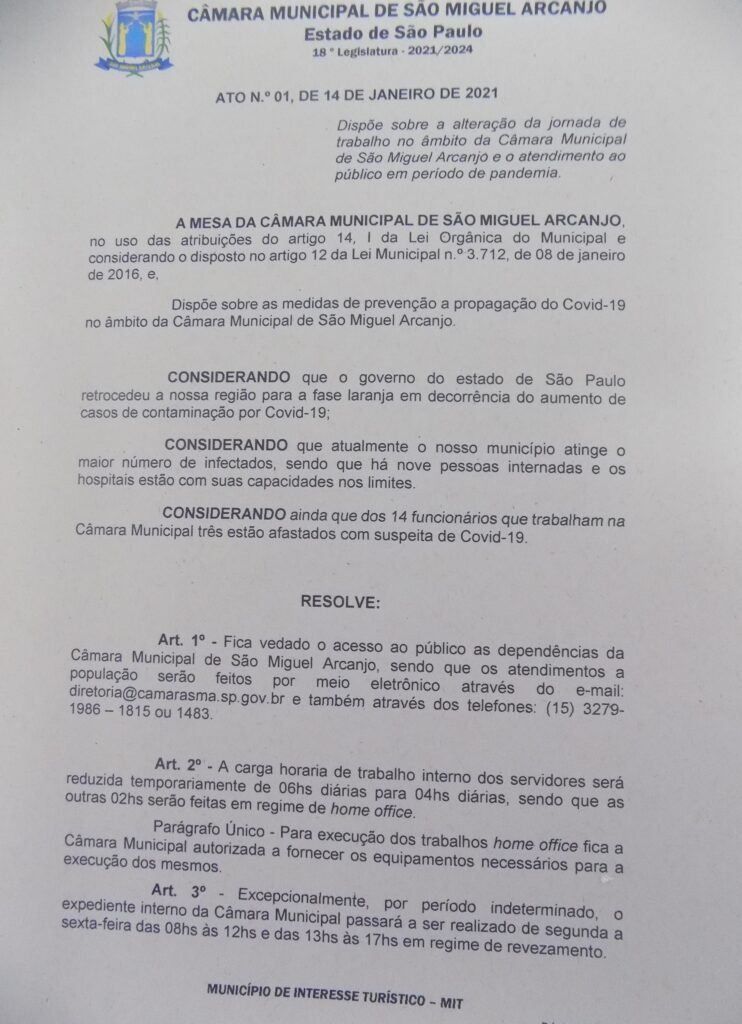 Câmara de São Miguel Arcanjo novamente reduz horário de expediente como forma de prevenção contra o novo coronavírus