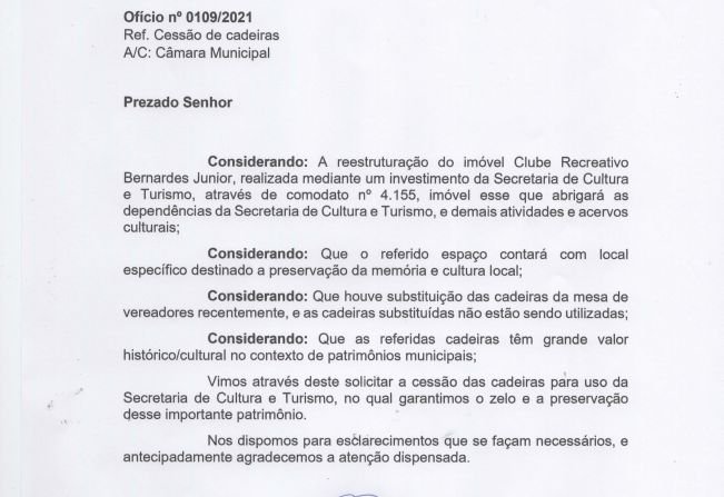 Secretaria de Cultura e Turismo pede doação de cadeiras usadas por Vereadores para acervo histórico