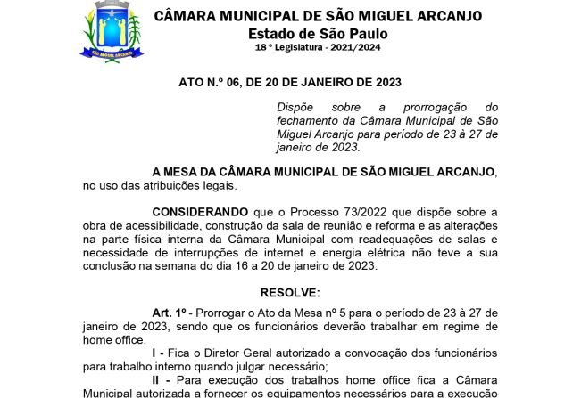 Câmara prorroga expediente em Home Office do dia 23 ao 27 de janeiro em função das Obras de Acessibilidade